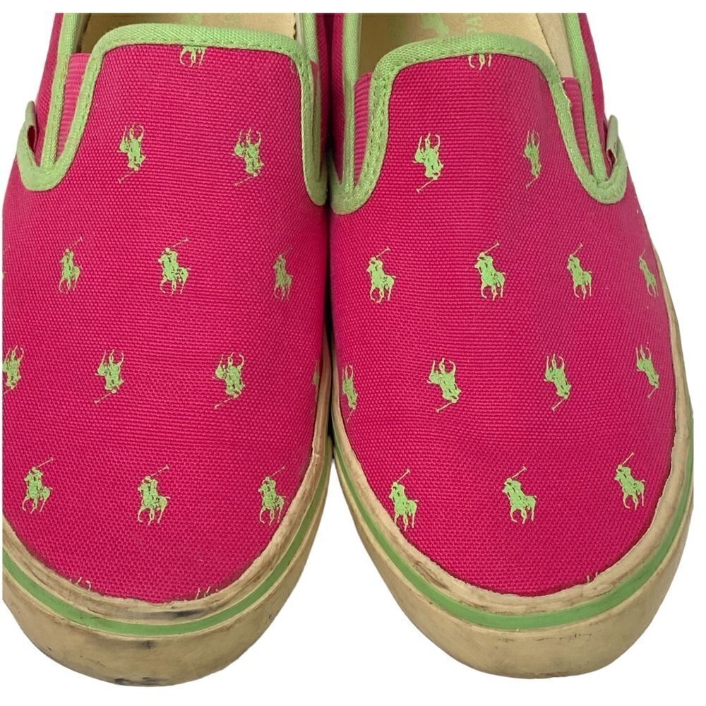 POLO RALPH LAUREN Canvas Sneakers Size 9 Pink Green Logo Loafers Slip ons Womens - Picture 6 of 12